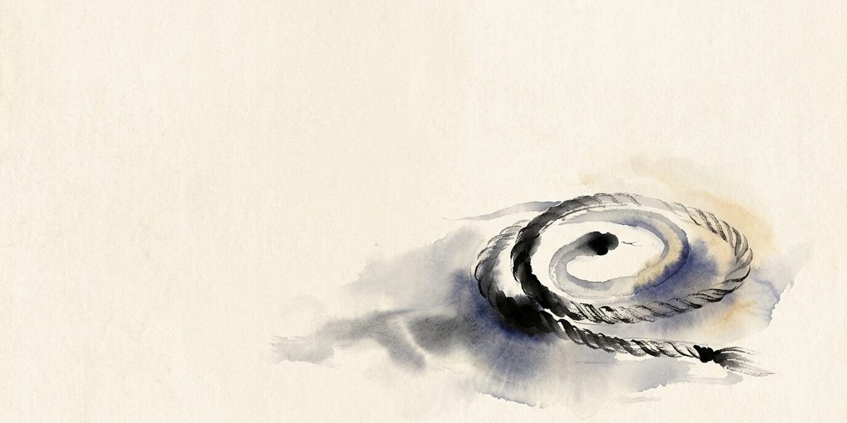 Illustration aus Advaita: ein aufgerolltes Seil in Tusche und Aquarell auf leerem Papier