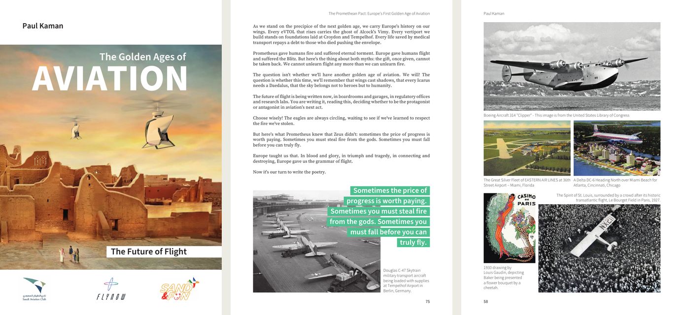 Cover und zwei Innenseiten des Buchs „The Golden Ages of Aviation“