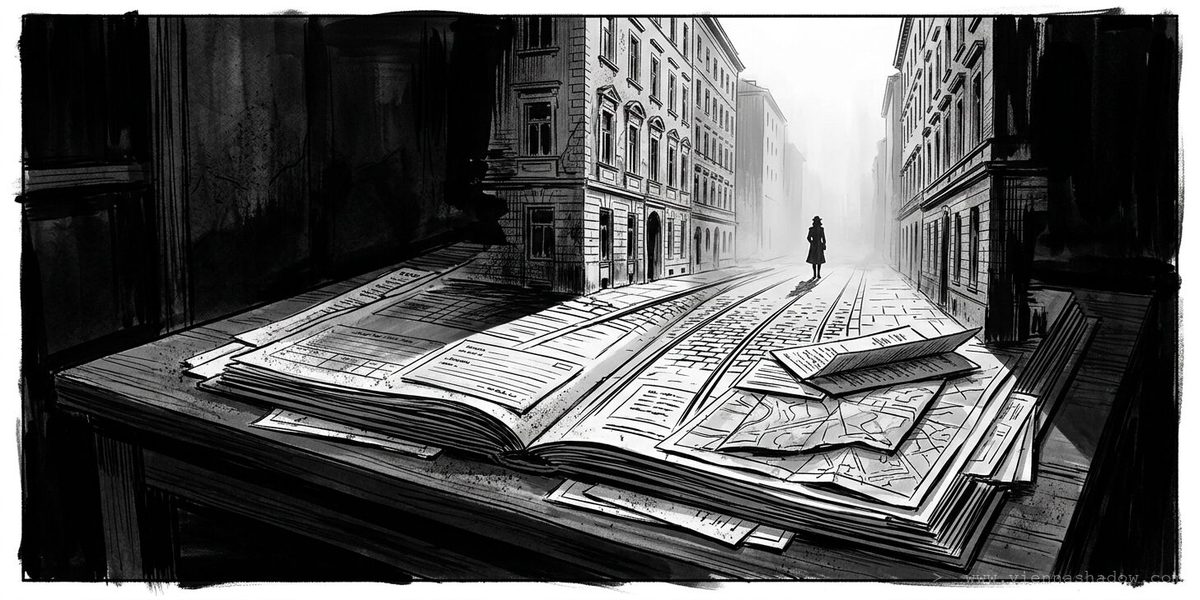 Illustration aus Vienna Shadow: ein aufgeschlagenes Buch, aus dem eine Straße im Nachkriegs-Wien wächst