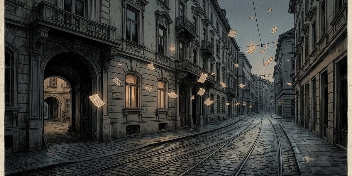 Illustration aus Vienna Whispers: eine nächtliche Wiener Gasse, Zettel fliegen durch die Luft